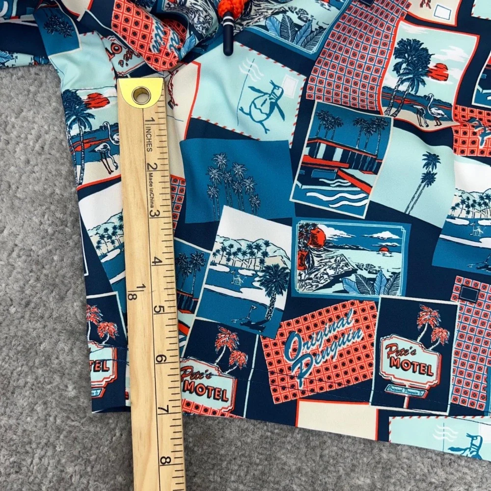 ORIGINAL PENGUIN Men's XL Swim Trunks Postcard Motel Print Blue Beach Shorts NWT